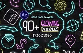 AE模板-90种手绘卡通彩色霓虹发光图形动画 Glowing Doodles Pack