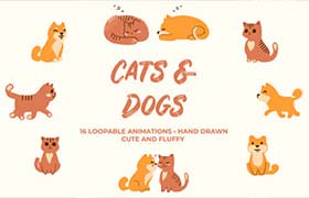 视频素材-16组手绘彩色卡通可爱形象的猫猫狗狗动画 Cats And Dogs Hand Drawn Pack