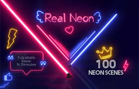 AE模板-100组创意卡通彩色真实霓虹发光图案图形动画 Real Neon