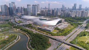 深圳湾航拍高清视频素材-体育馆风景延时摄影