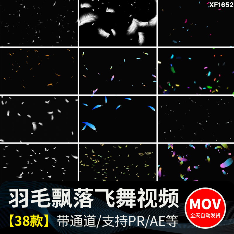 白色羽毛飘落掉落飘落彩色飞舞元素特效果透明通道pr_ae视频素材插图