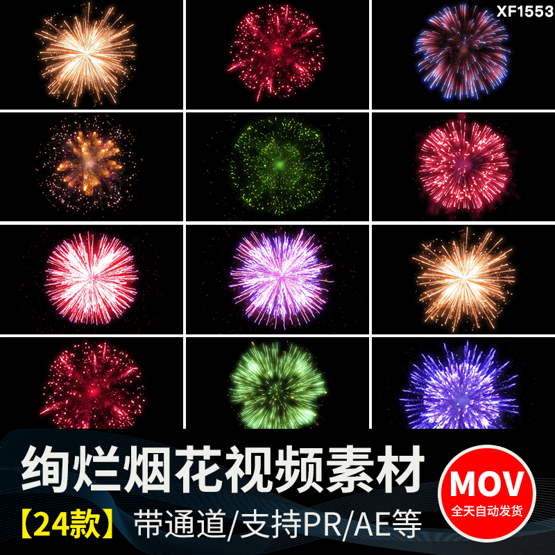 烟花升空爆炸礼花绽放节日绚烂焰火动画透明底通道pr_ae视频素材插图