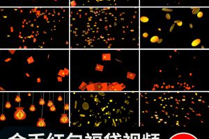 红包飘落福袋元宝金币元素掉落散开喜庆节日透明通道mov视频素材