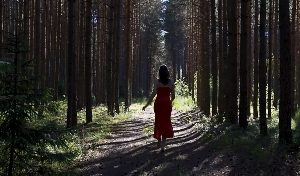 穿红连衣裙女孩在林荫小道奔跑短视频素材