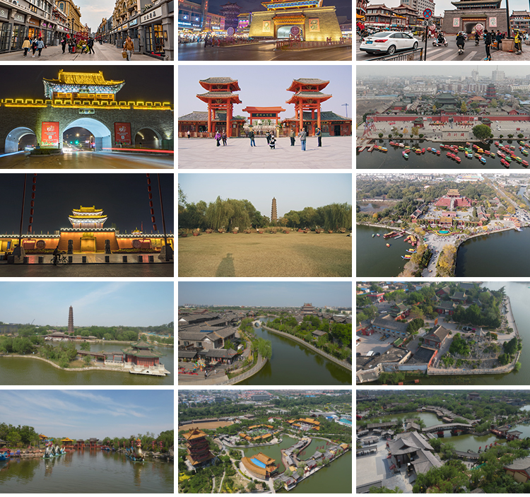 河南开封旅游景点开封府清明上河园铁塔城楼夜景全景航拍视频素材插图7