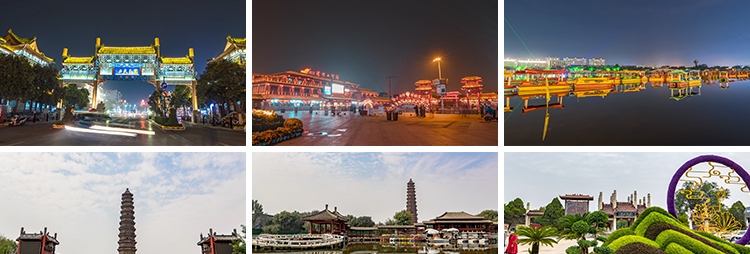 河南开封旅游景点开封府清明上河园铁塔城楼夜景全景航拍视频素材插图5